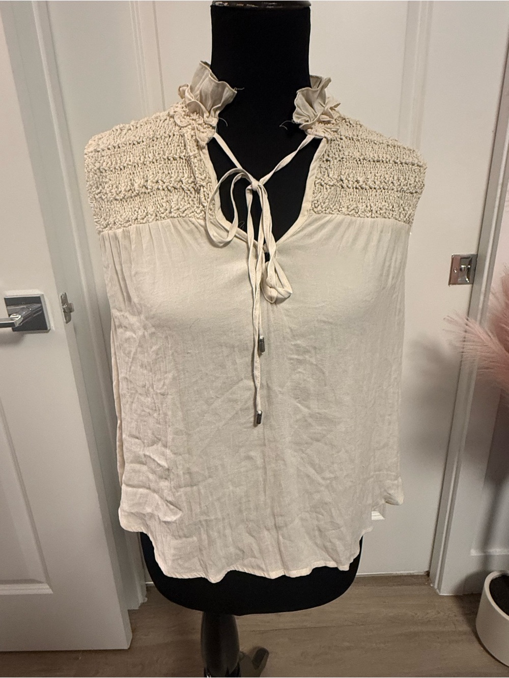 Free People Cream Ruffle Tie-Neck Smocked Blouse